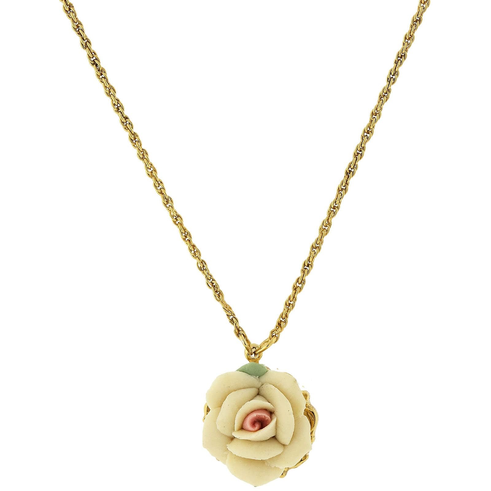 1928 Jewelry Porcelain Ivory Rose Pendant Necklace, 16″ with 3″ Extender