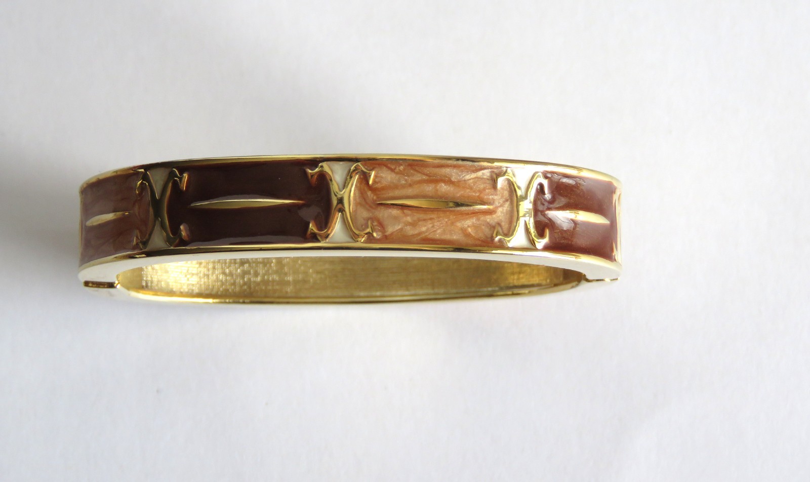 Bracelet Hinged Cuff Gold Tone with Brown Tan Cream Enamel Retro