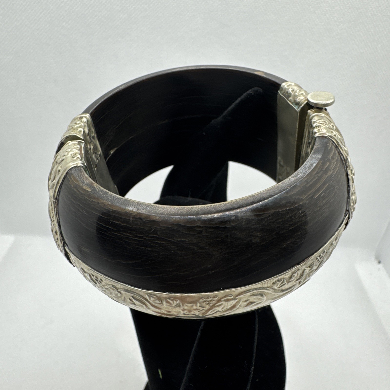 VTG Bone Black Bangle Bracelet with Silver Tone Findings and Trumpet Pin Closure