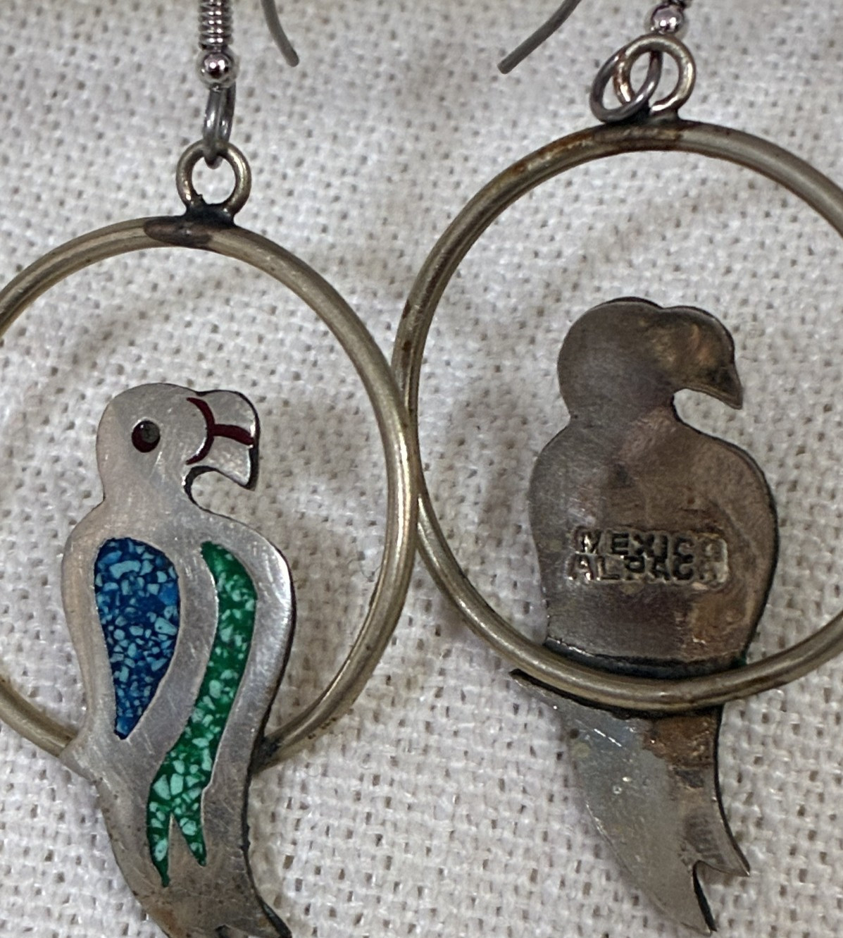 VTG Siver Alpaca Mexico Parrot Hoop Dangle Earrings 2 3/8Inches.