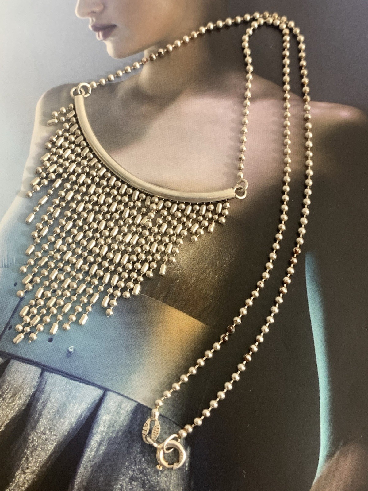 925 Sterling Silv Beaded Chain Cascading Fringe Bib Necklace Signed ATI Italy