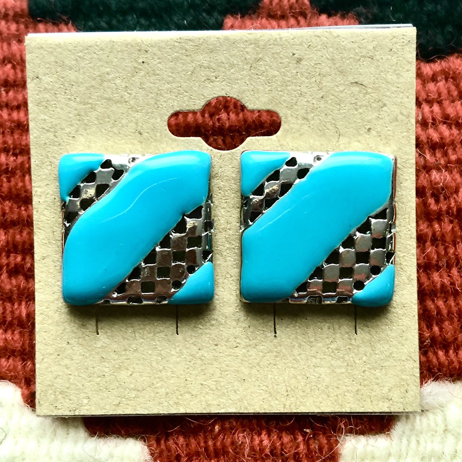 Teal Enamel Square Stud Earrings 60s 80s Punk Style Geometric Jewelry Jewelry