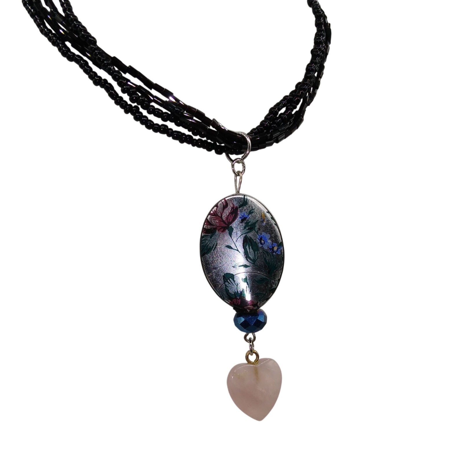 Vintage Hand Beaded Hearts and Flowers Drop Pendant on Multi Strand Black