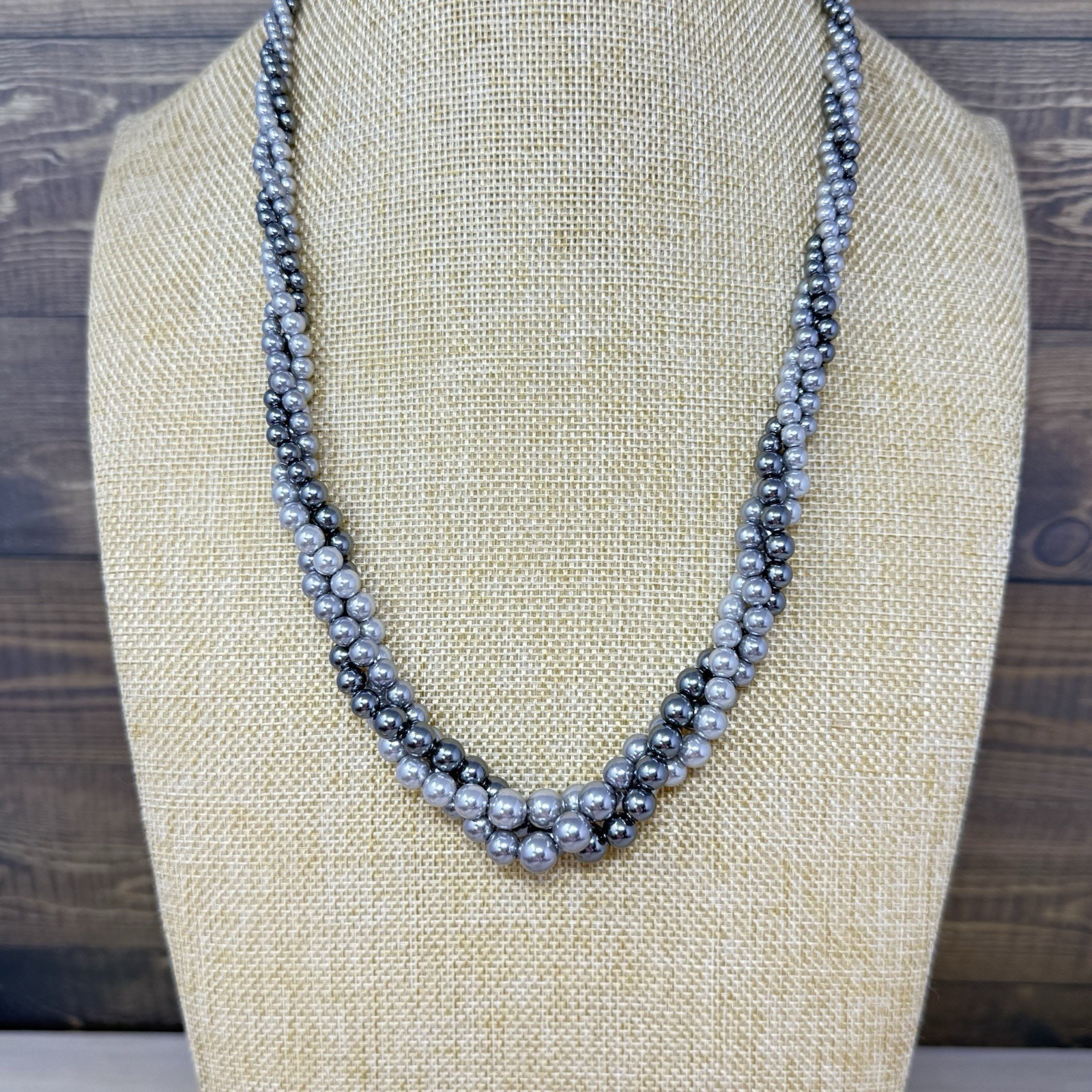 3 Strand Twisted Faux Gray Graduated Pearl Bead Necklace and Earring Set