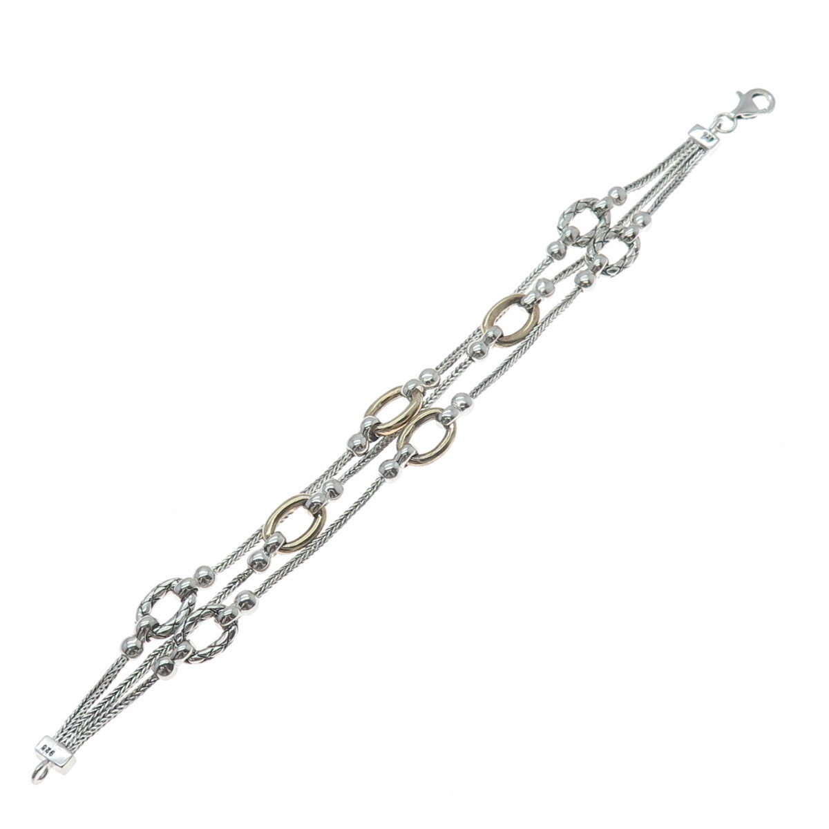 925 Sterling Silver 2-Tone Vintage Oval Station Wheat Link 3-Strand Bracelet 7″