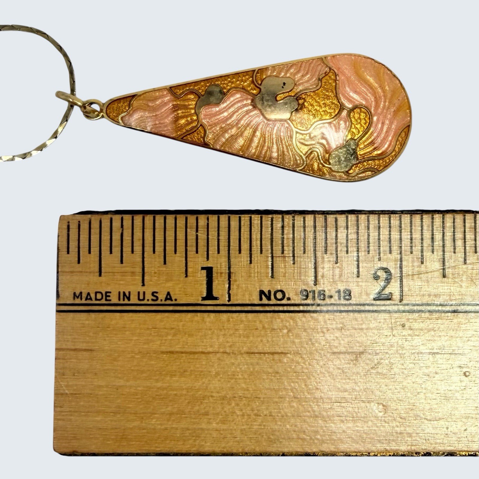 Vtg 80s Cloisonne Teardrop Pendant Necklace Pink Coral Gold Floral Enamel