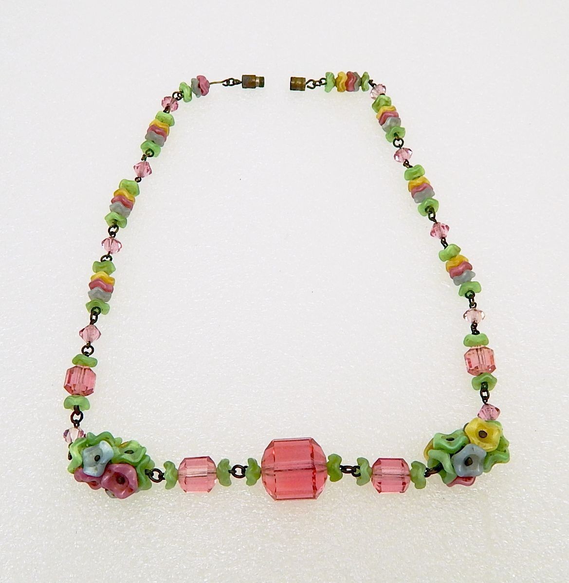 Vintage Czech Glass Flower and Bead Necklace Free Ship