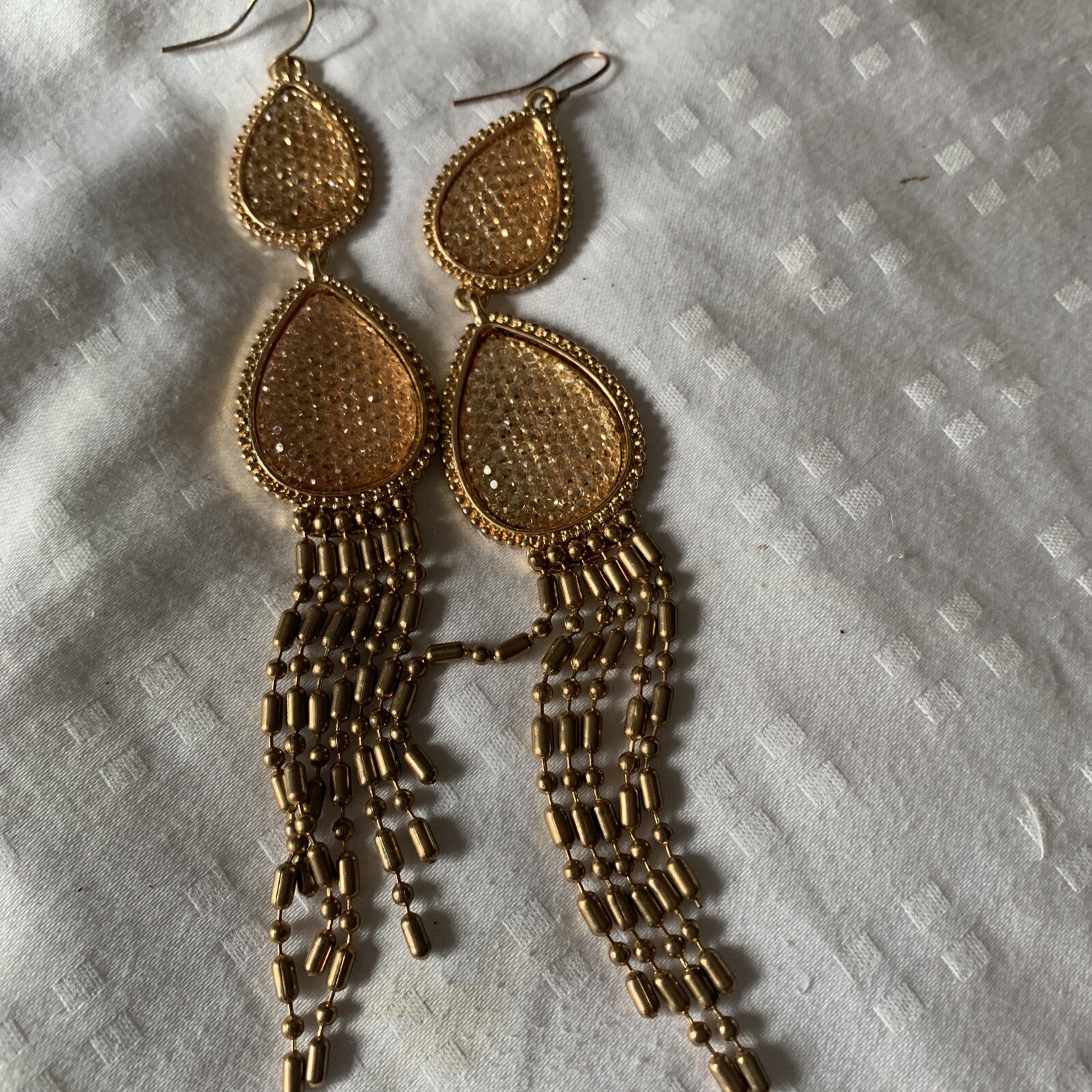 Gold Tone LONG CHANDELIER 4” peach faux topaz TEARDROP PIERCED Earrings