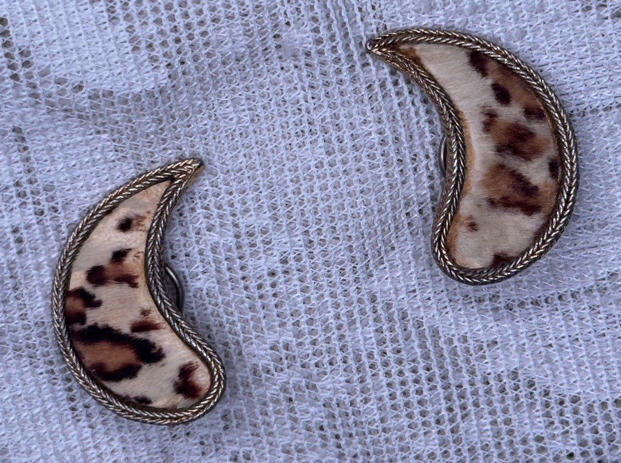 Vintage BSK Leopard Print Faux Fur Earrings Gold Tone Clip On