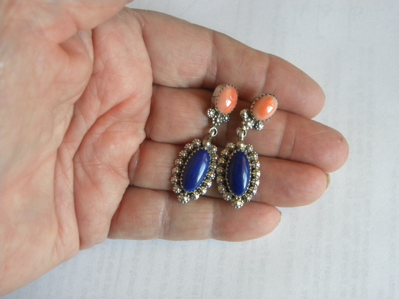 Vintage Sterling Lapis & Spiney Oyster Post Back Earrings Signed “J J” 1-5/8″