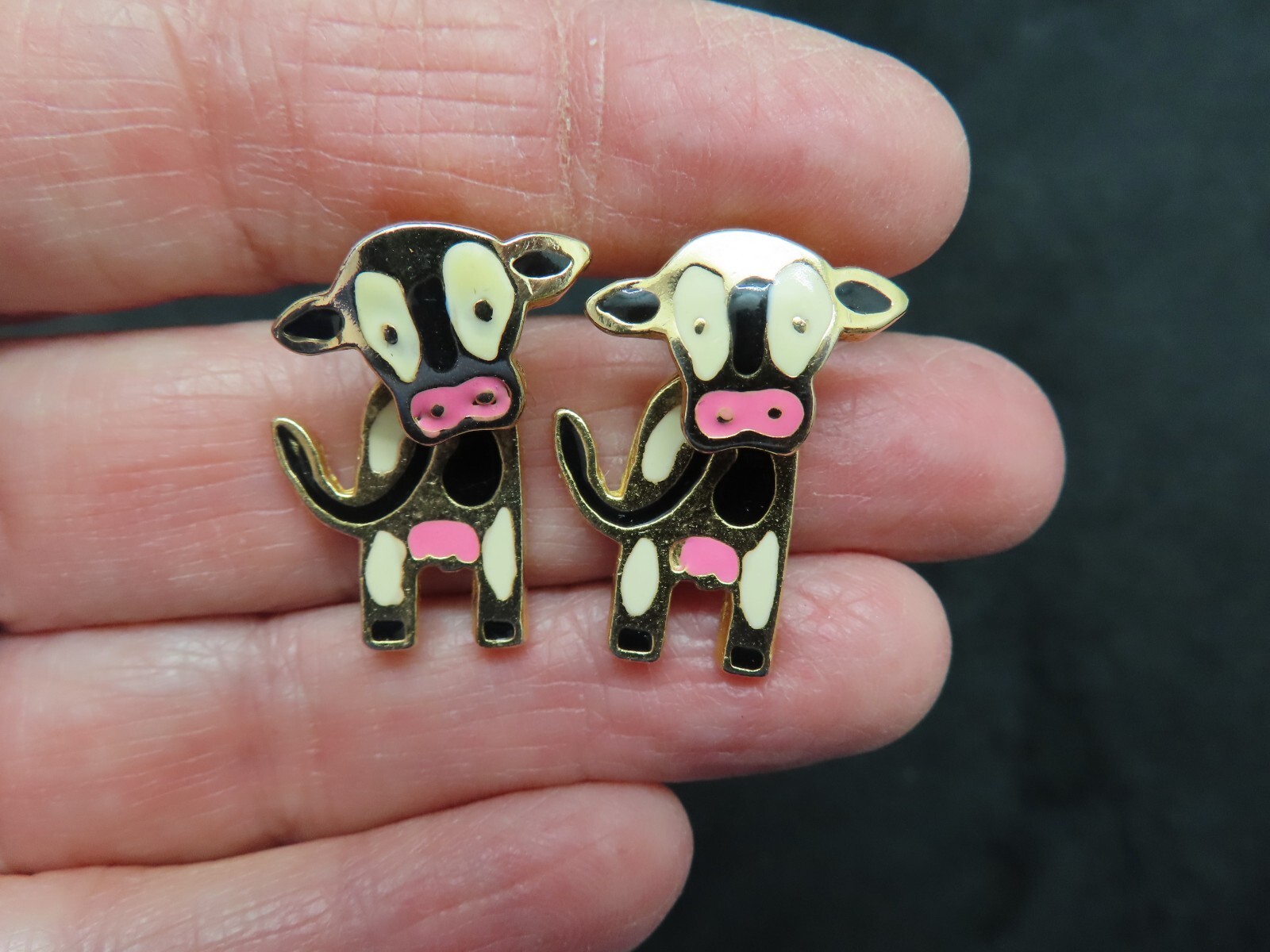 Vintage Charming TWO PART Cow Figural Pierced Earrings