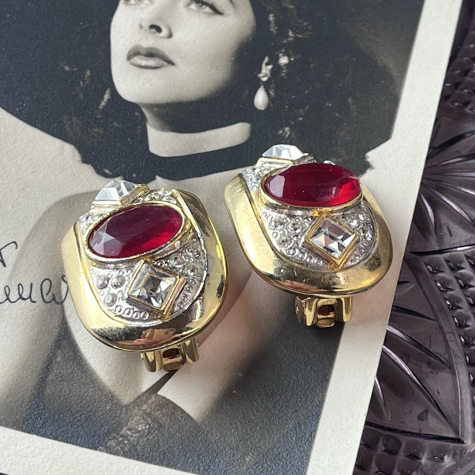 Vtg 1980s Ruby Red Glass Clip Earrings – Gold Tone -Clear Crystal Accent – 1.25”