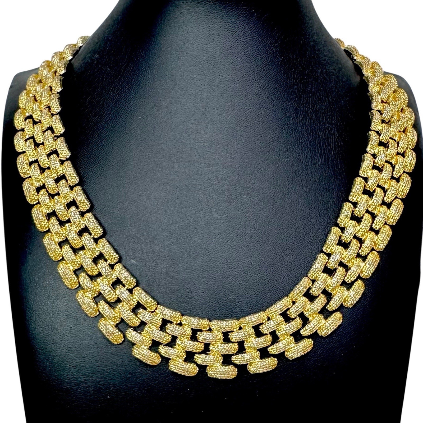 Vtg Gold Tone Collar Necklace Frosted Finish Textured Rectangular Brick Links