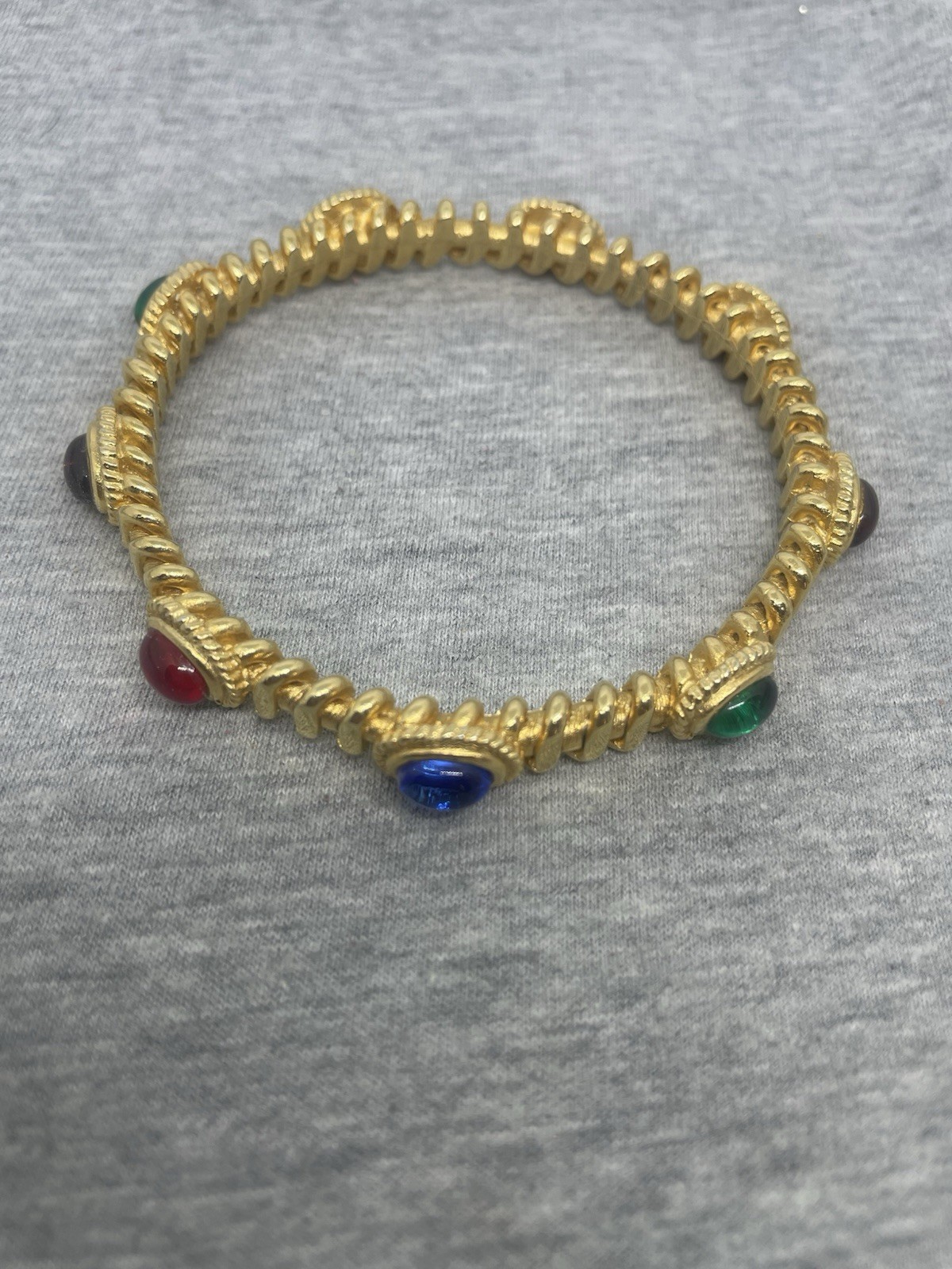 Vintage GoldTone Gripoix Multicolor Glass Cabochons 7.67” Bangle Bracelet