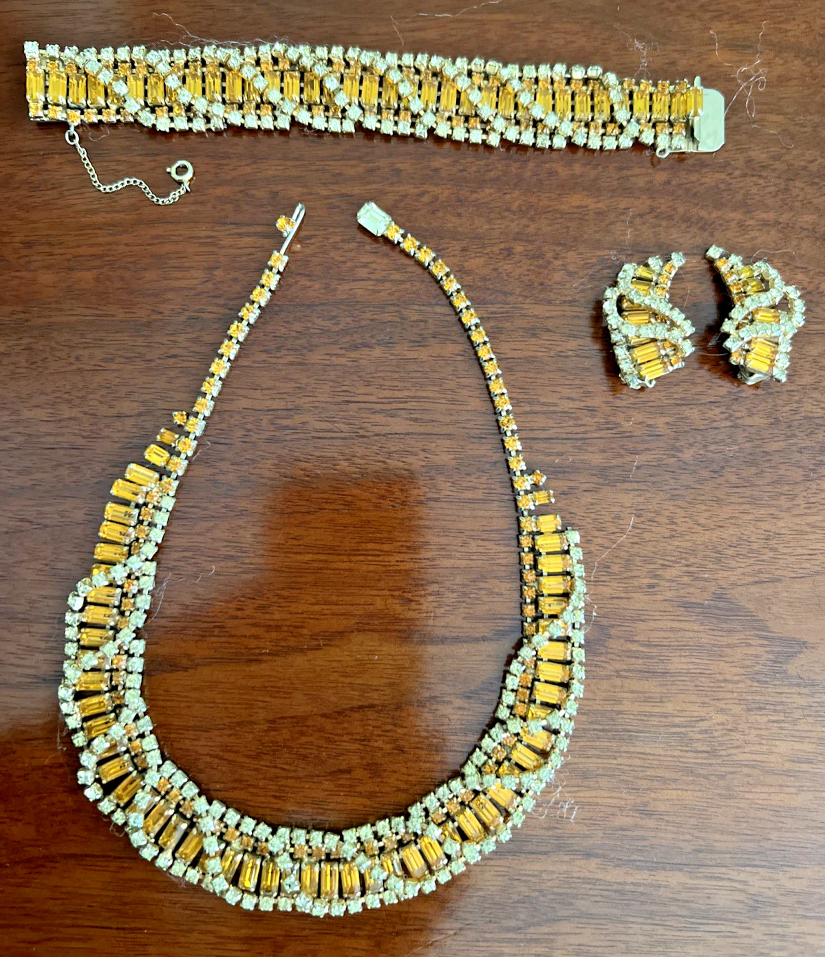 VTG. KRAMER N.Y. PARURE TOPAZ & CLEAR RHINESTONE NECKLACE BRACELET EARRING SET