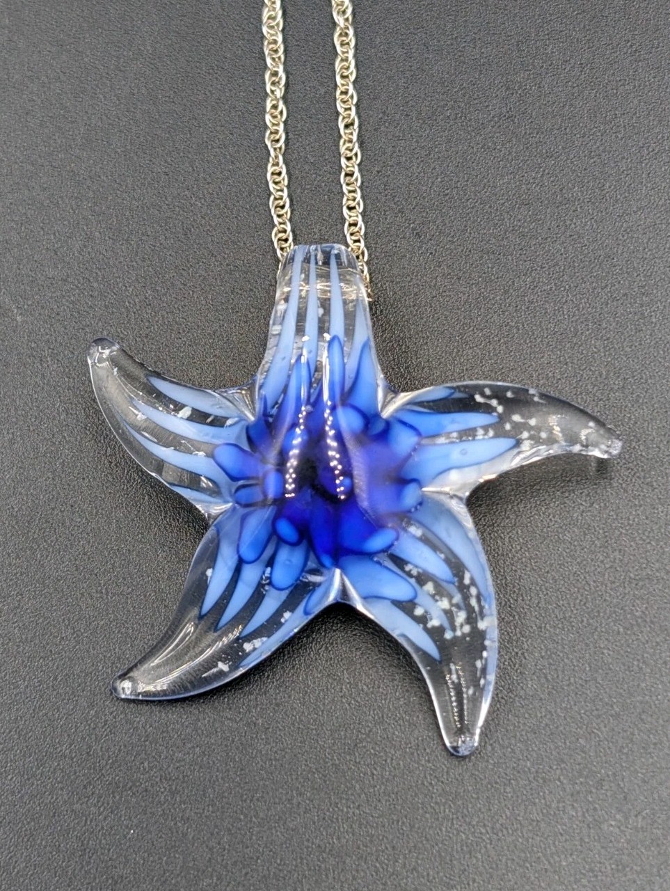 READ! Vtg Blue White Art Glass Starfish Pendant 18″ Sterling Loose Rope Necklace