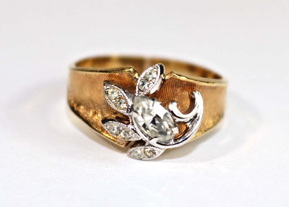 Vintage 18K HGE Signed Cocktail Ring Size 10 Marquise Floral Cluster Textured