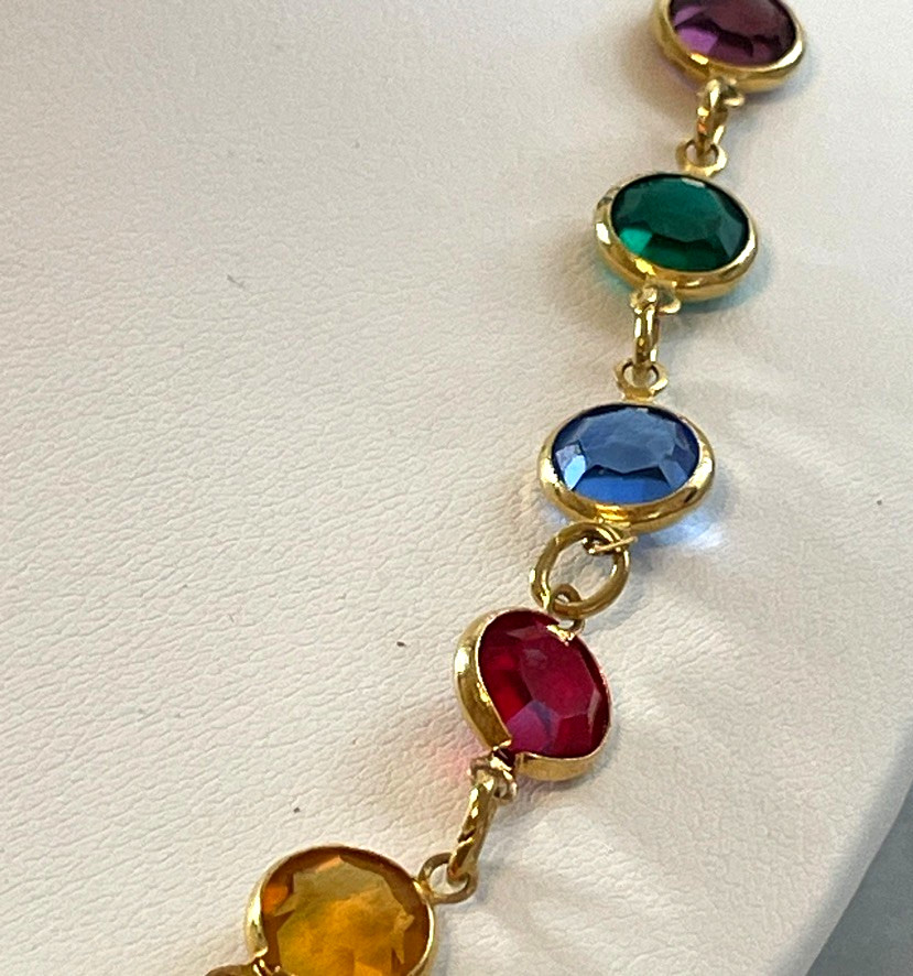 Vintage Austrian Crystal USA Multi-Color Crystal Necklace Bezel Set Jewelry 19″