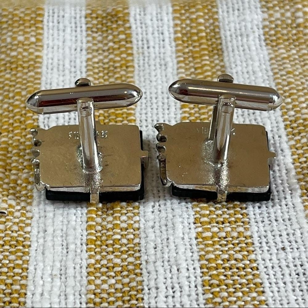 Vintage SWANK Black and Silver Tone Cuff Links Tie Clip Set Retro