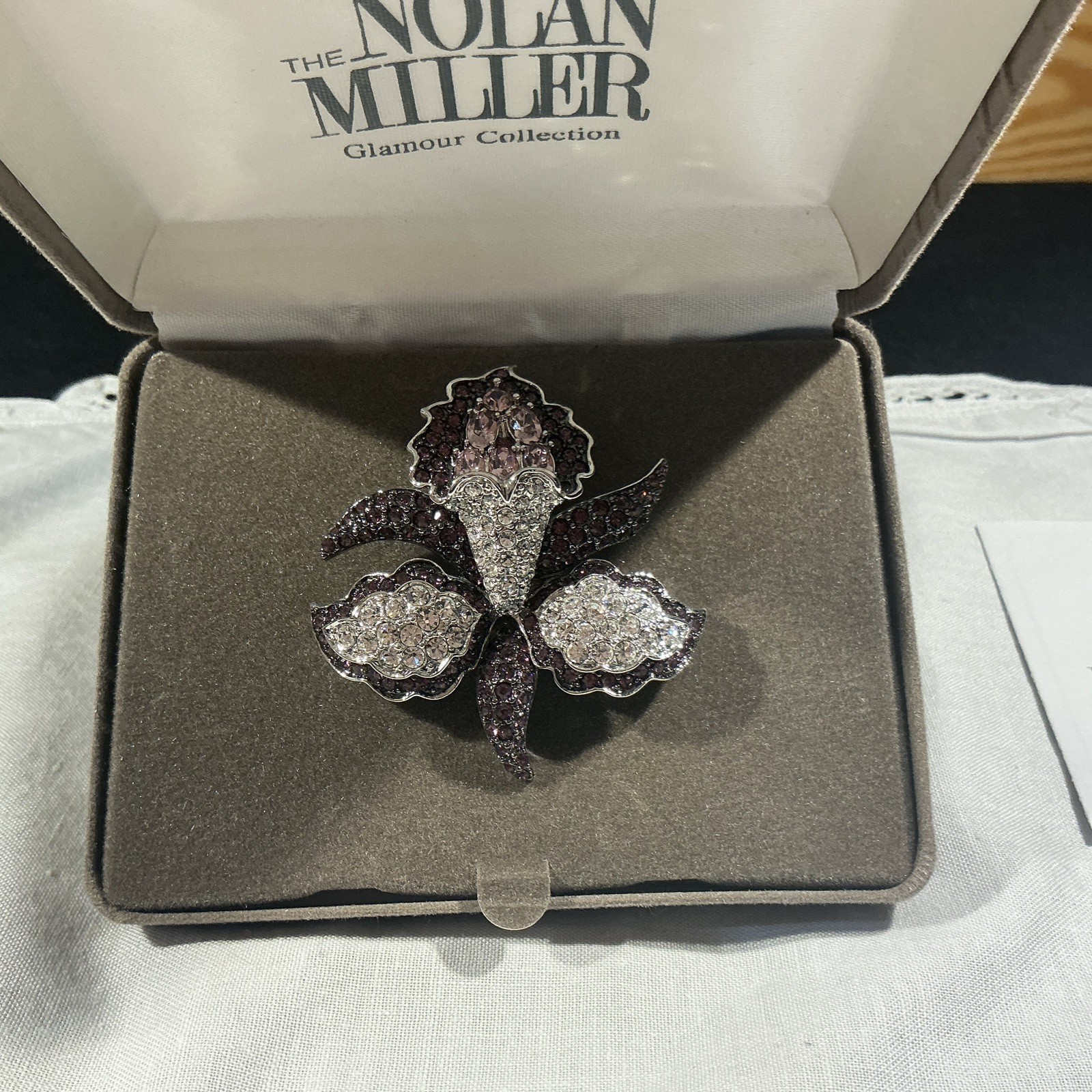 Nolan Miller QVC Mythical Orchid Pin Brooch Violet Purple Crystal Rhinestone NIB