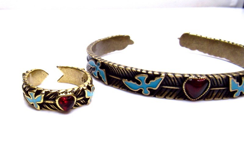Garnet Silver Enamel Ring Bracelet SET Birds Hearts