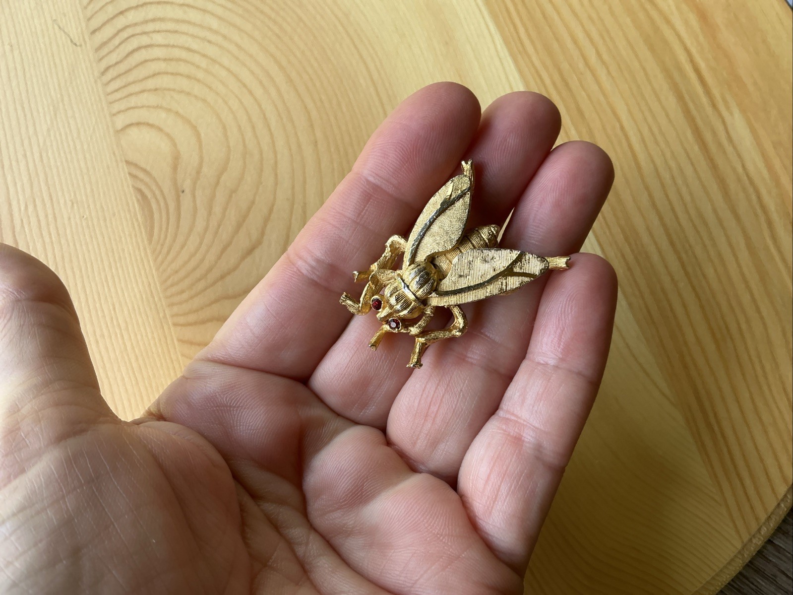 Vintage Fly Brooch Pin with Red Rhinestone Eyes Textured Gold Tone Medium Chunky