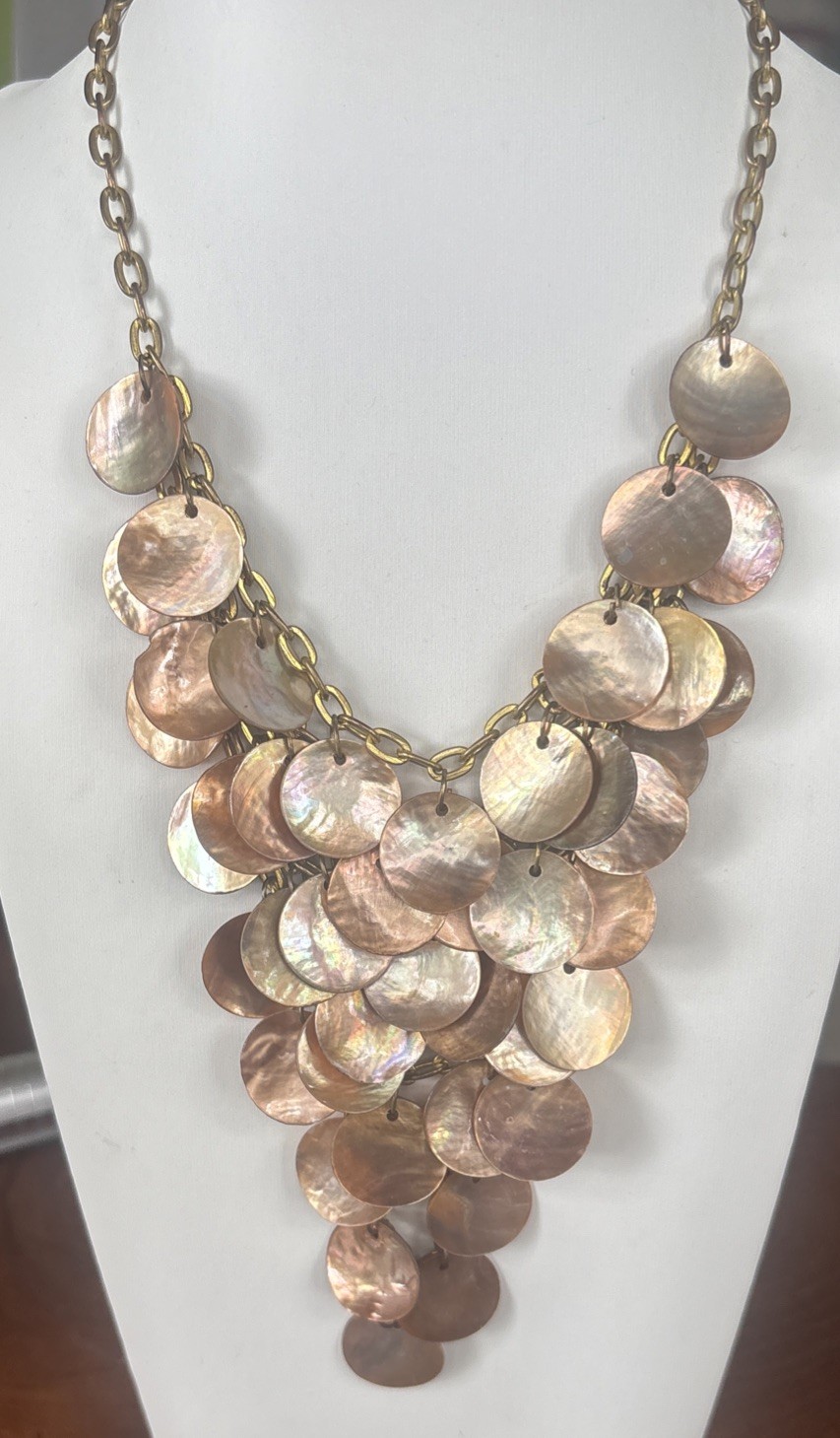 Vintage Cascading Gold & Bronze Iridescent Shell Disc Statement Bib Necklace