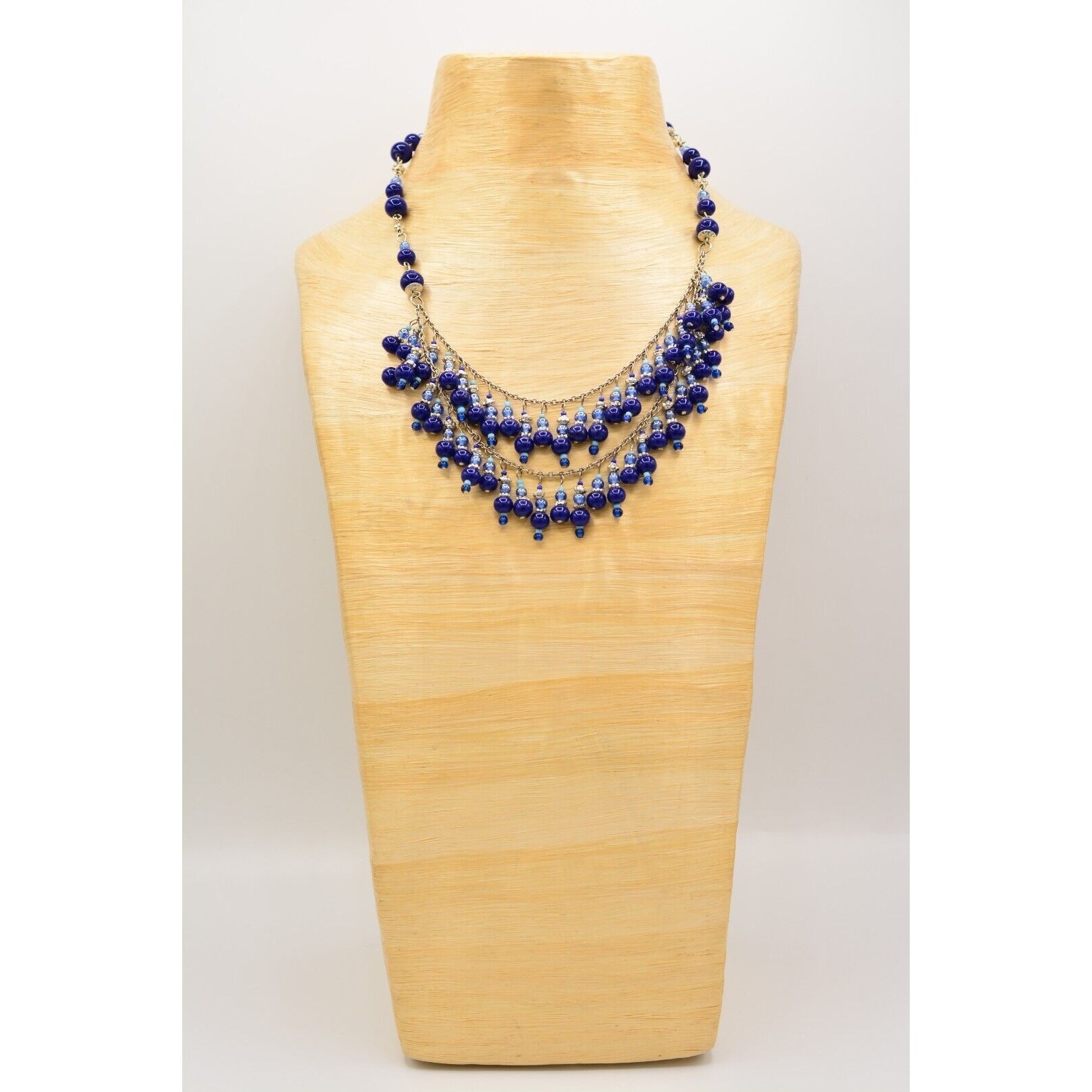 Vintage Beaded Necklace Glass Blue Silver Evil Eye Mediterranean Fringe 1990s 9A