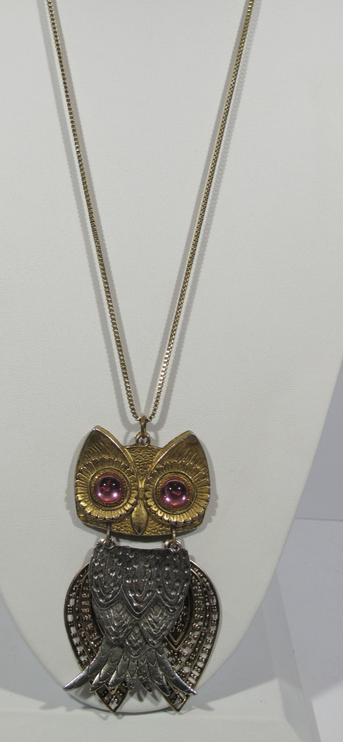 Lot of 2 VTG Owl Necklace Gold~Silver Tone~Pink~Amber Eyes~24″-30″ Chain-64-108g