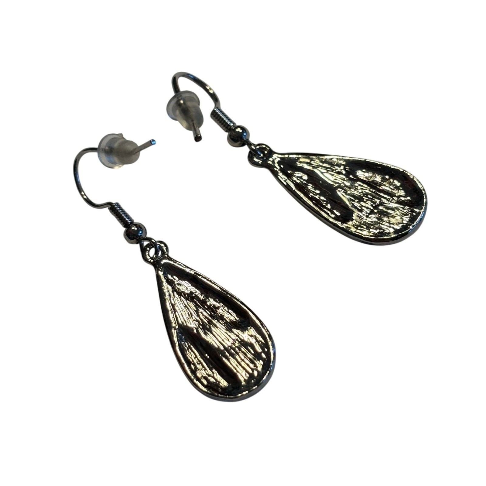 Pierced earrings Silvertone & green abalone shell enamel finish teardrop dangles