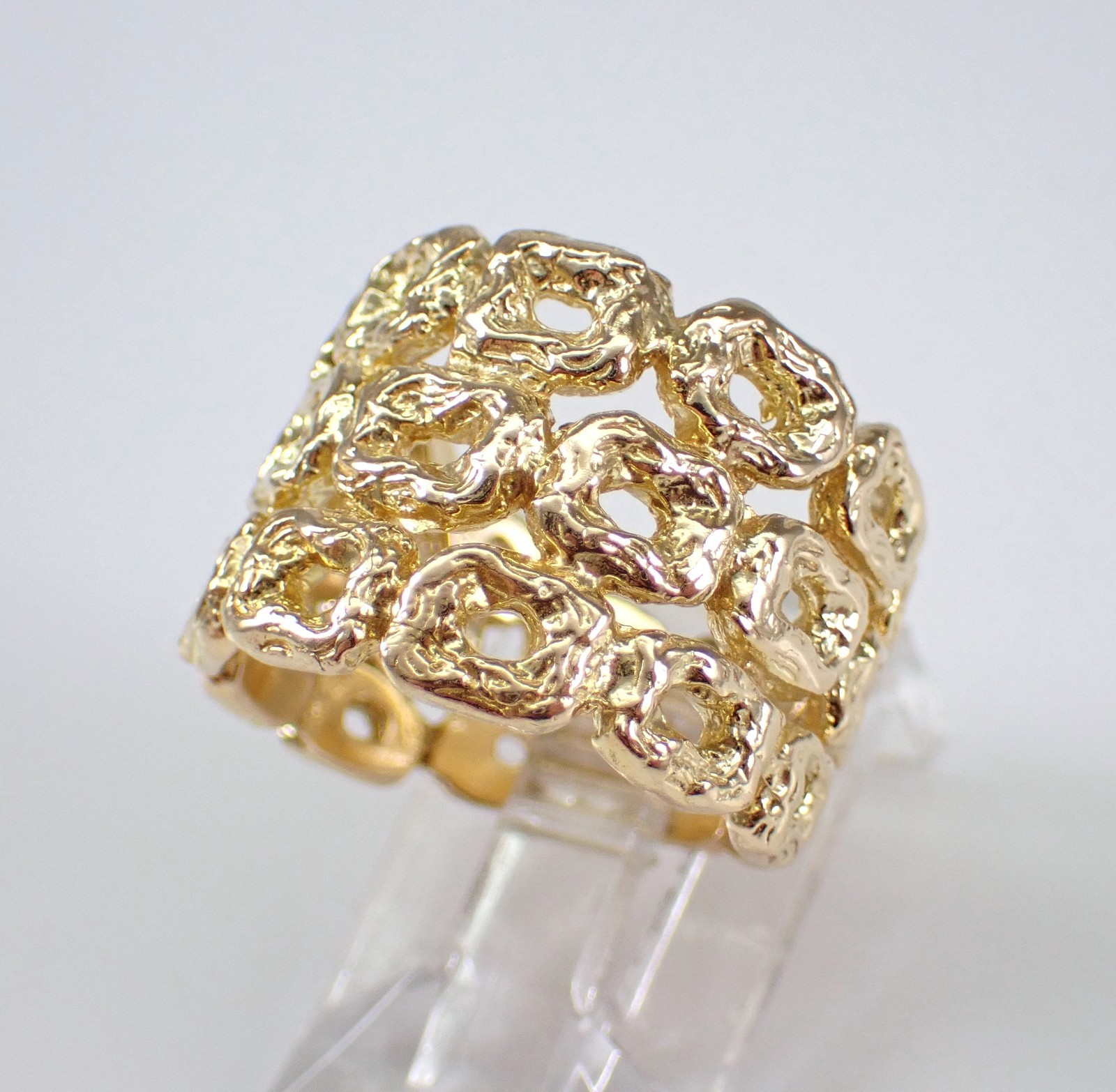 Vintage 14K Yellow Gold Multi Row Band Wide Right Hand Nugget Bamboo Chunky Ring