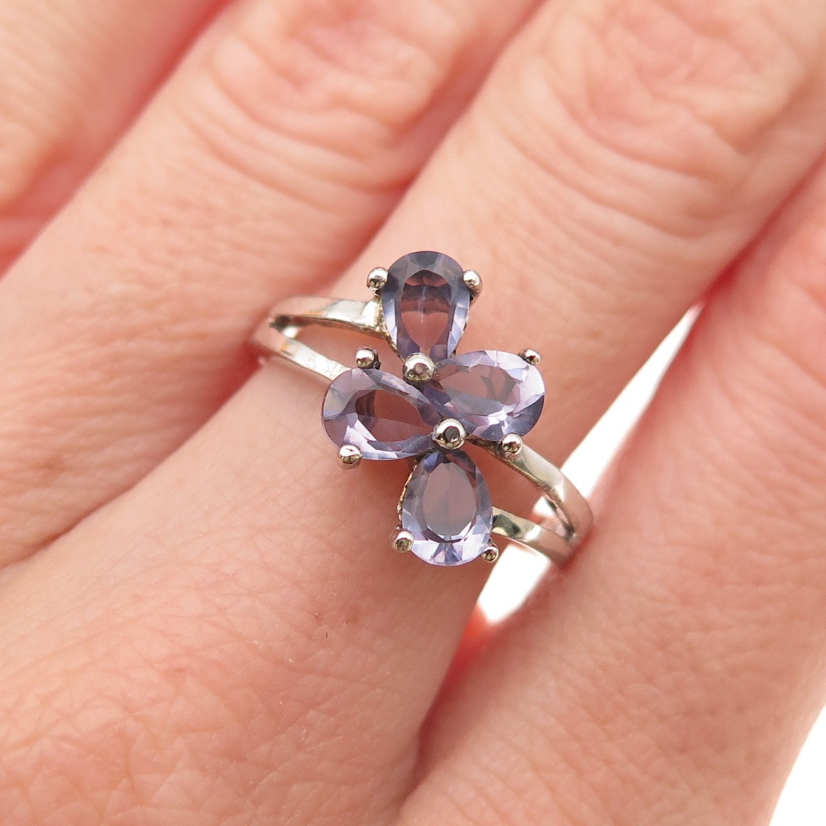 925 Sterling Silver Vintage Real Pear-Cut Iolite Cluster Ring Size 8.25