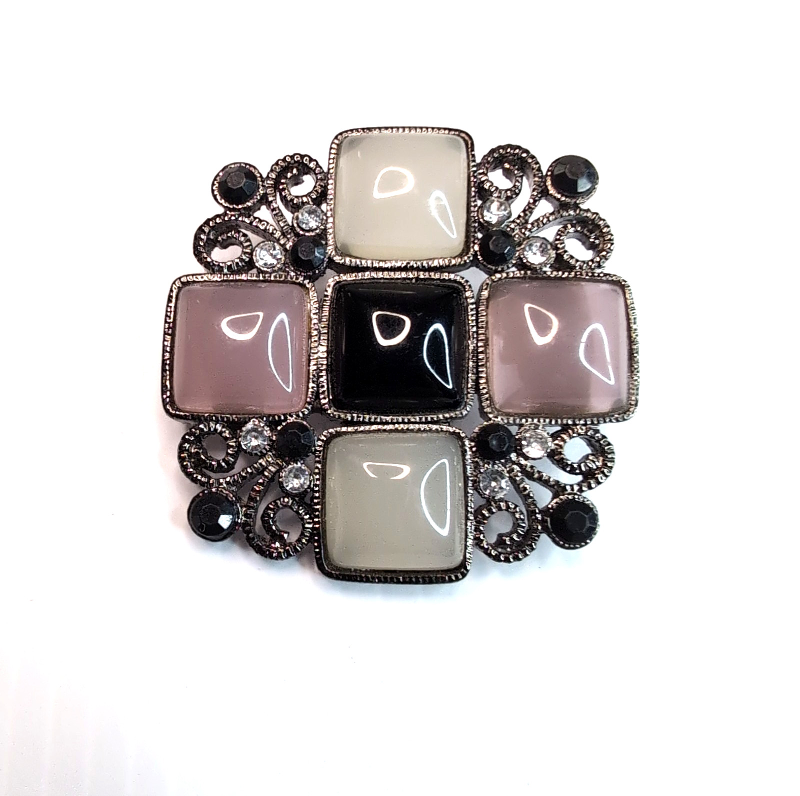 Vintage Geometric Square Brooch Black Pink Gunmetal Silver Tone Openwork Gothic