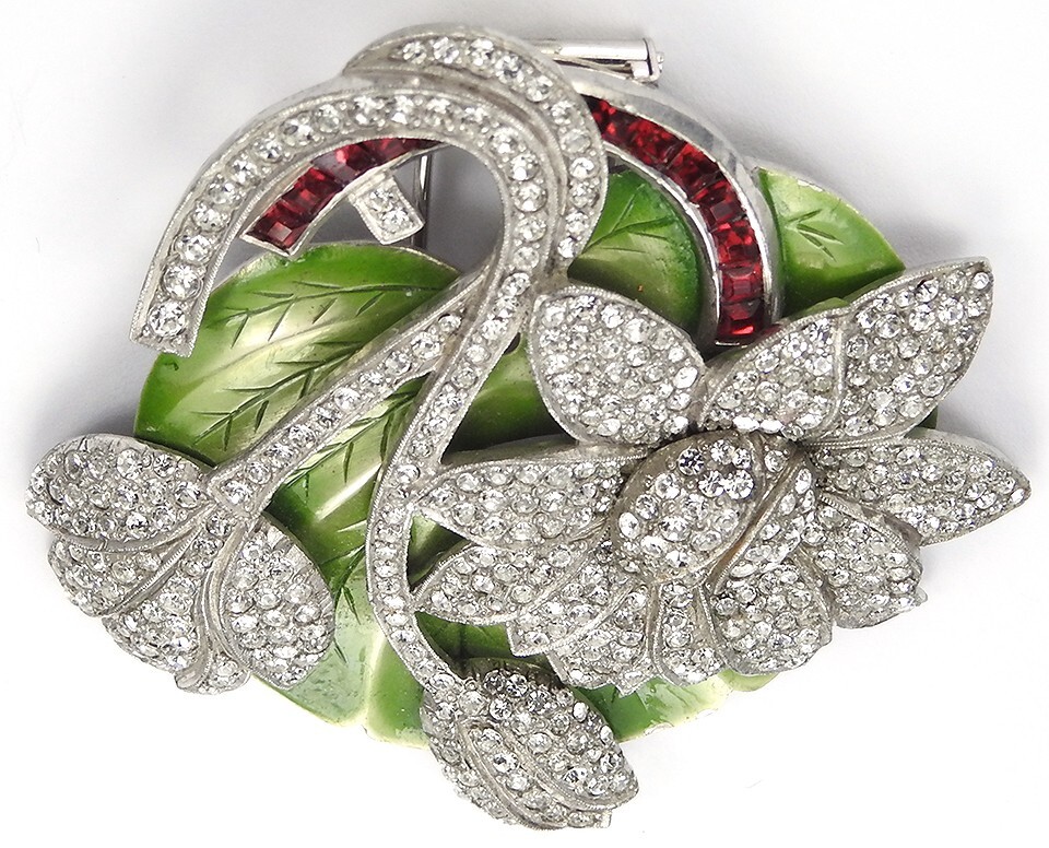 Dujay Pave Metallic Enamel Flowers Invisibly Set Ruby Stem Floral Spray Pin Clip
