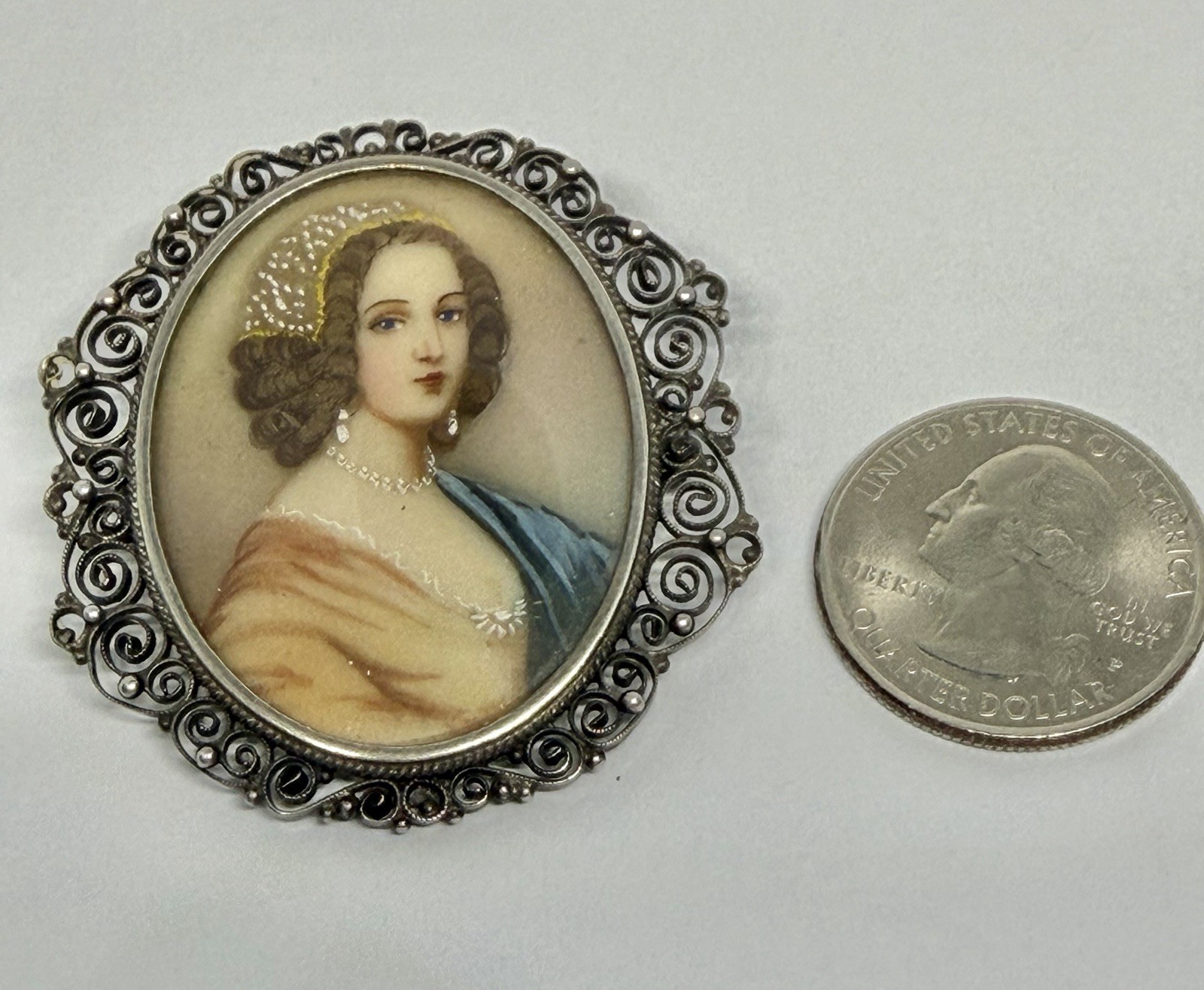 Vintage Renaissance Lady Portrait Hand Painted Miniature Brooch 800 Silver