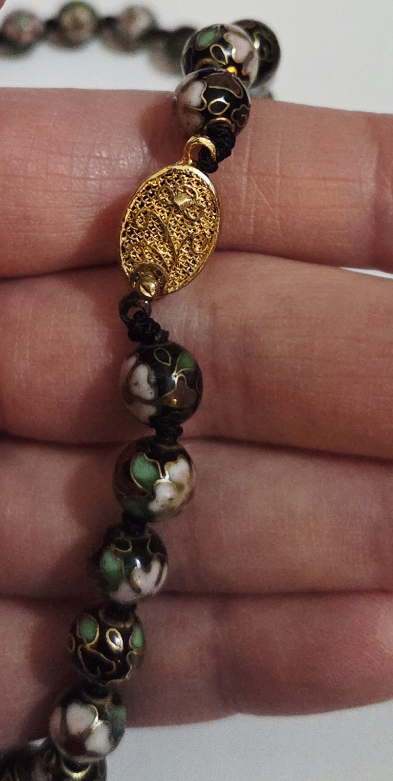 Vintage Chinese Cloisonne Floral Bead Hand Knotted Fish Hook Clasp Necklace