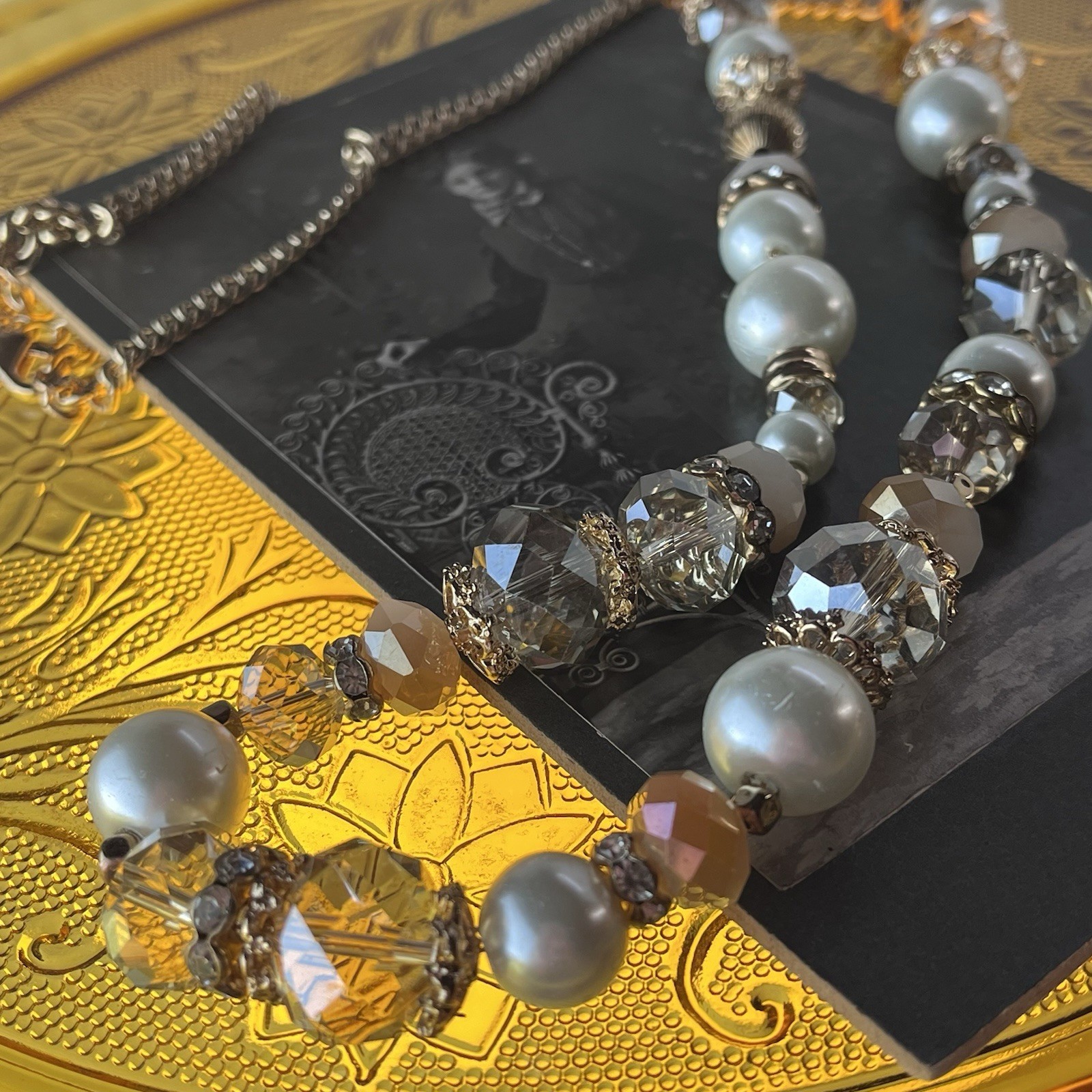 Vintage Gold Tone Faceted Beads & Faux Pearl Necklace – 32” – Champagne & White
