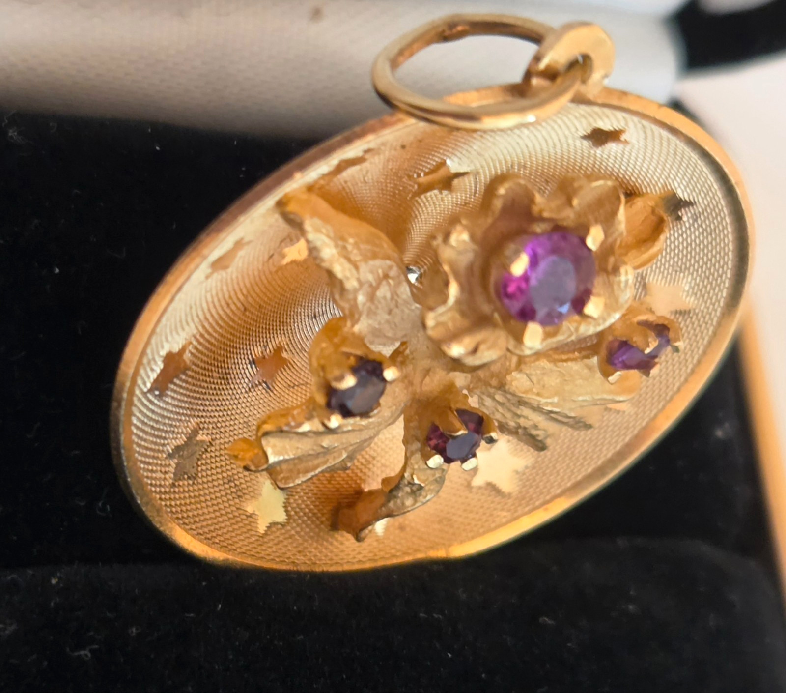 Vintage 14K 3d Orchid above a Field of Stars Pendant/Charm with Purple Stones