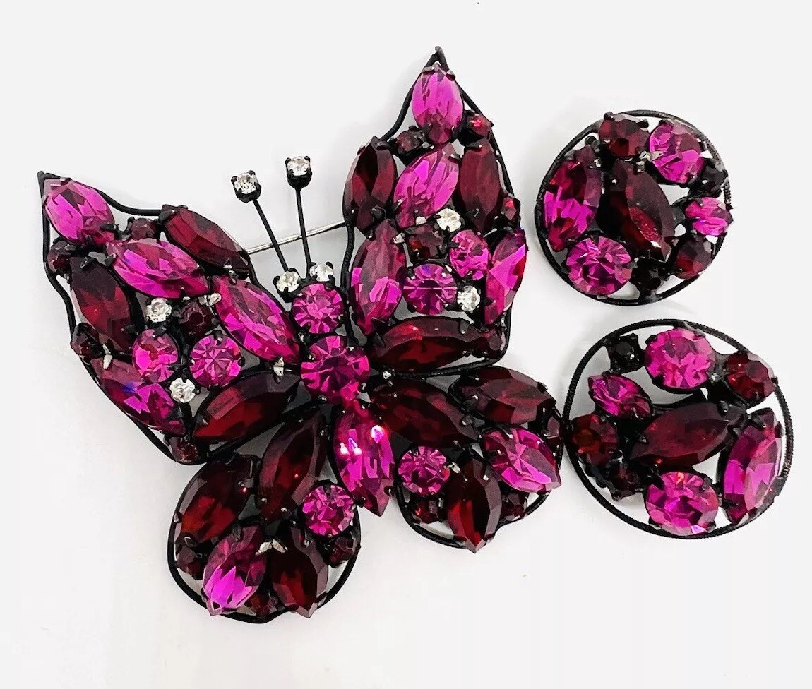 LaRoco Fuchsia & Red Rhinestone Butterfly Brooch Earrings Signed Vintage Jewelry