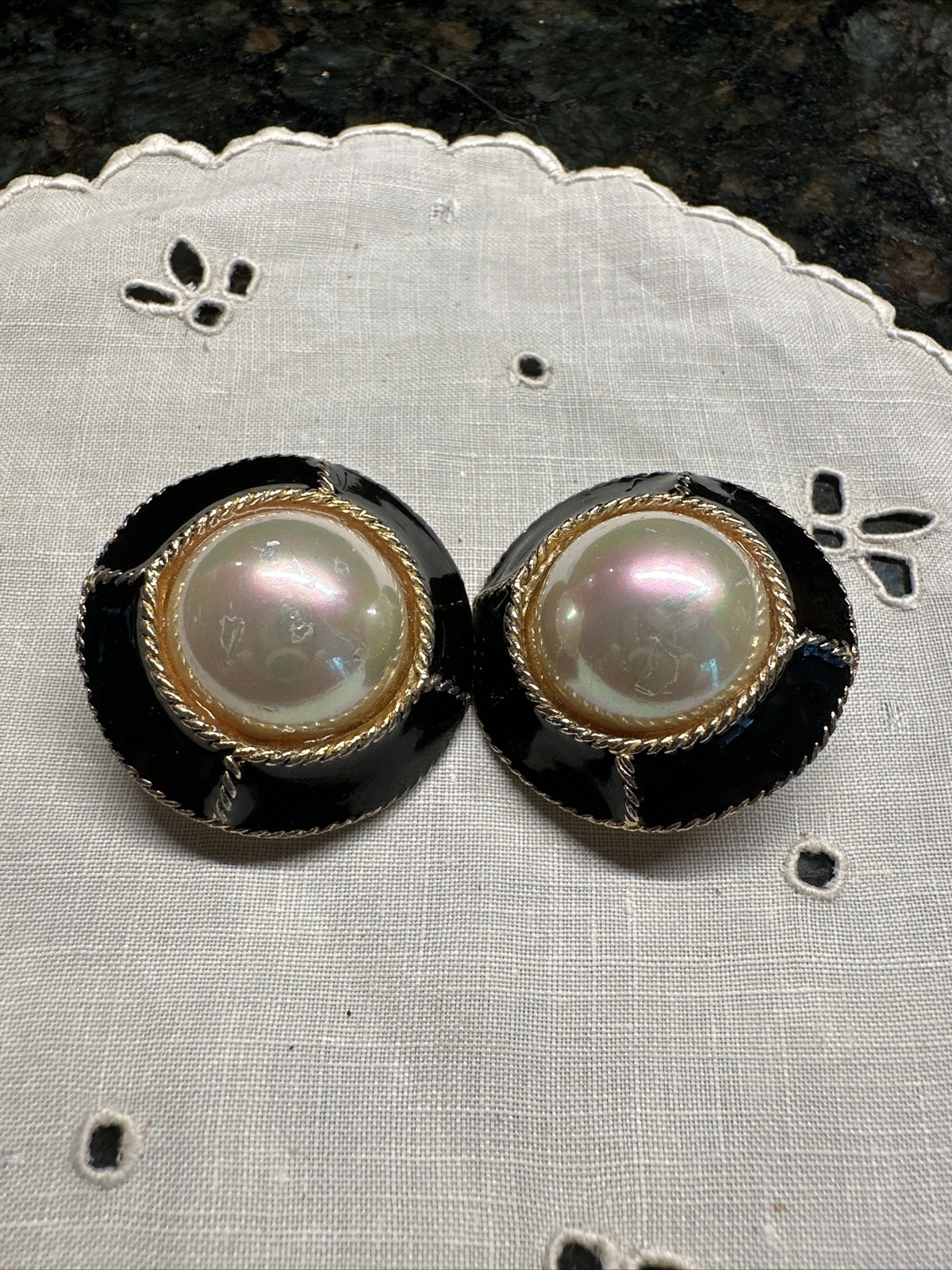 Vintage Gay Boyer Gold Black Enameled Pearl Clip-on Earrings