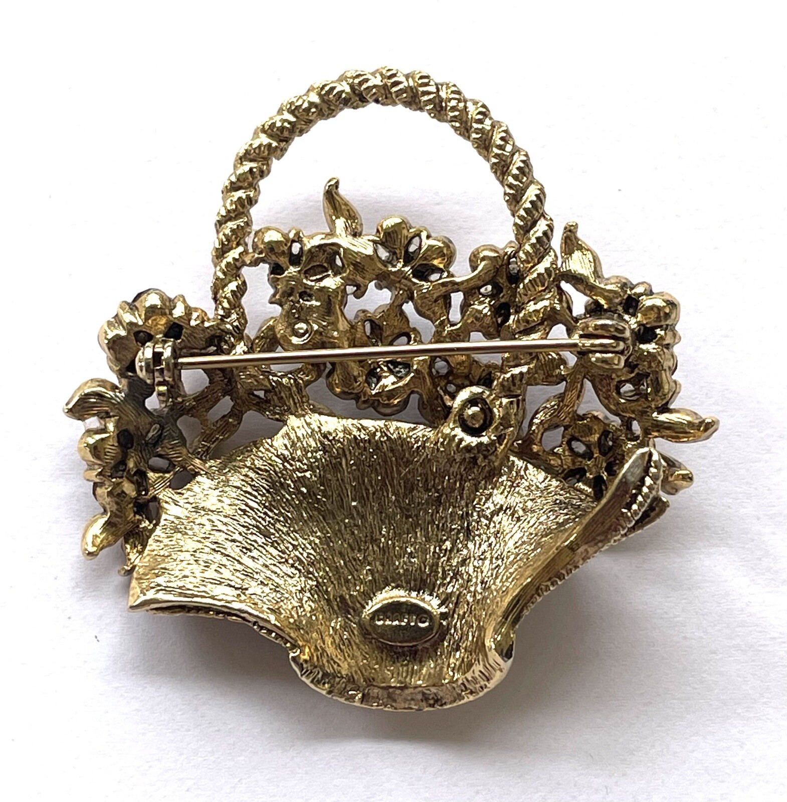Vintage Gem-Craft Signed Flowers On Basket Brooch Green White Purple Rhinestones