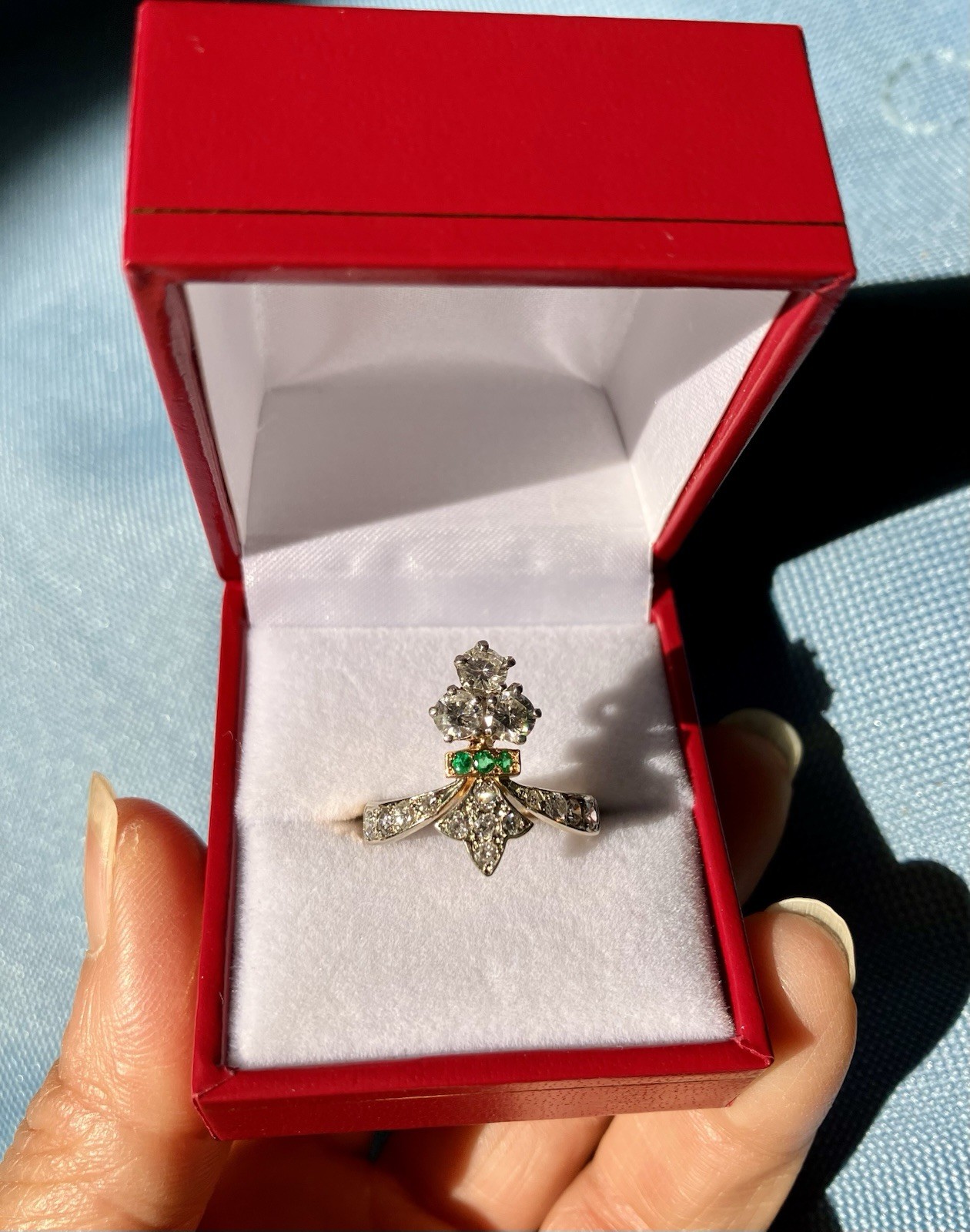 Art Deco French Duchess 18K Diamond And Emerald Ring
