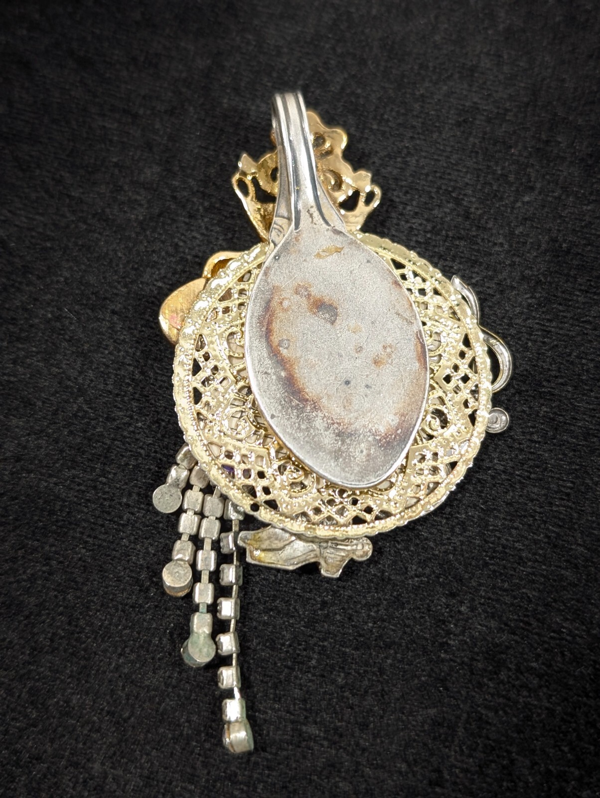 Vintage Artisan Red Hat Rhinestone Music Note Boot Spoon Pendant