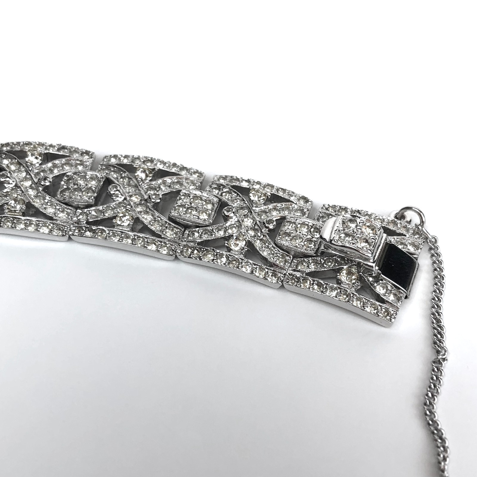 Vintage Art Deco Rhinestone Bracelet Geometric Panels Safety Chain Clasp