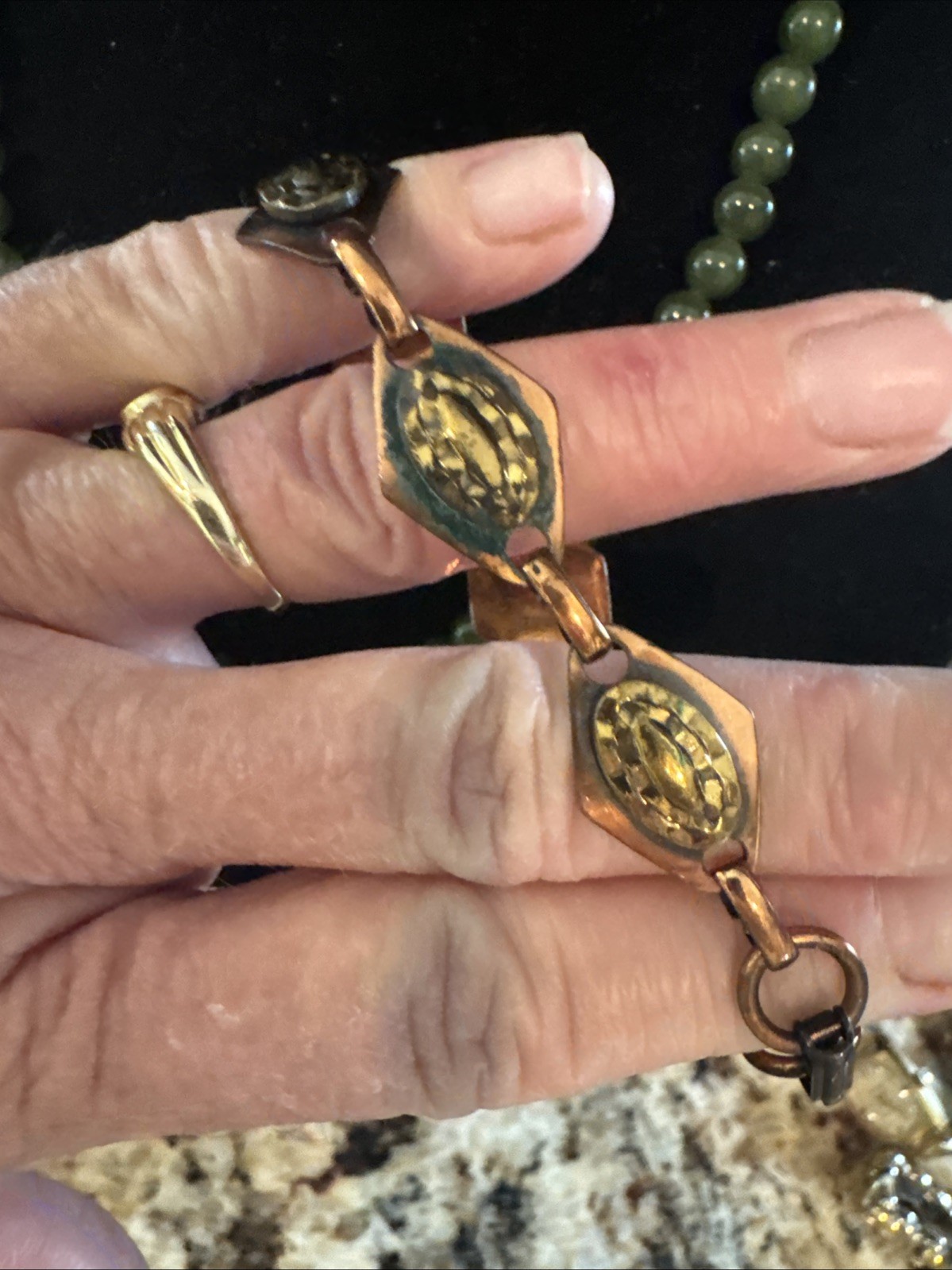 Vintage Copper Diamond Link Bracelet Textured Gold Tone Oval Accents Boho Retro