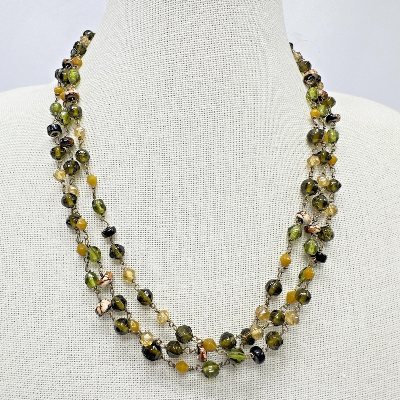 Vintage Art Glass Necklace Earth tones Multi-shape Molded Hand Wired 62″ Opera