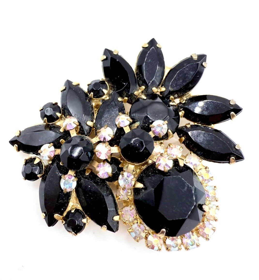 JULIANA Delizza & Elster Black and AB Rhinestone Brooch Vintage Jewelry