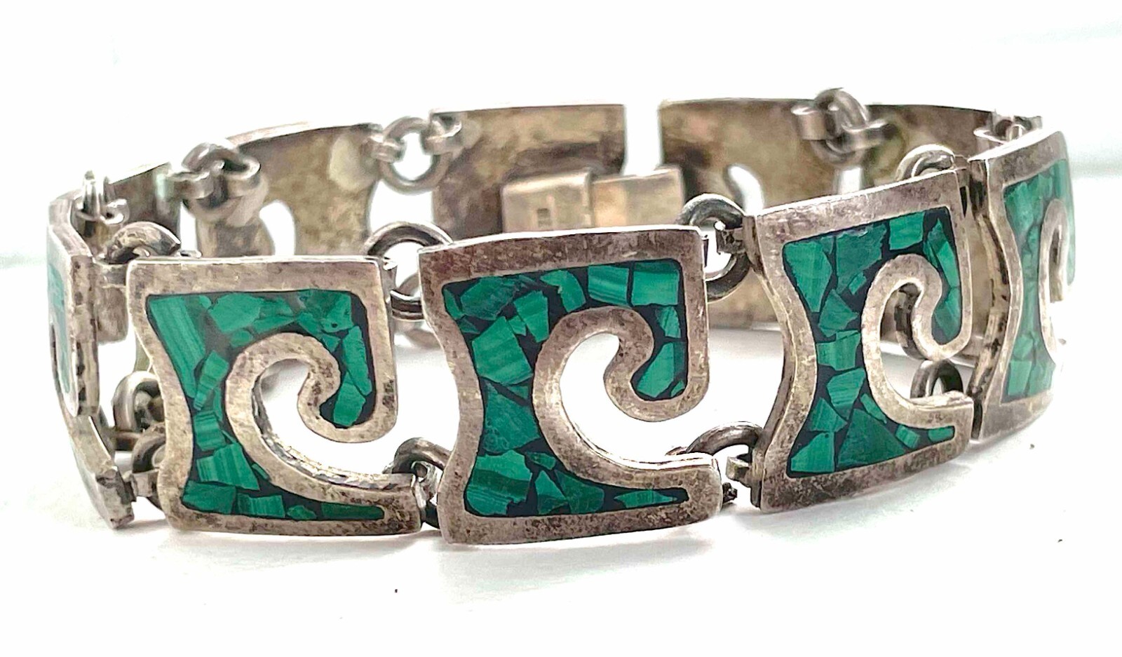 VTG Mexico Bracelet Sterling Malachite Chip Large Wrists 8″ 64g Modernist 1940s