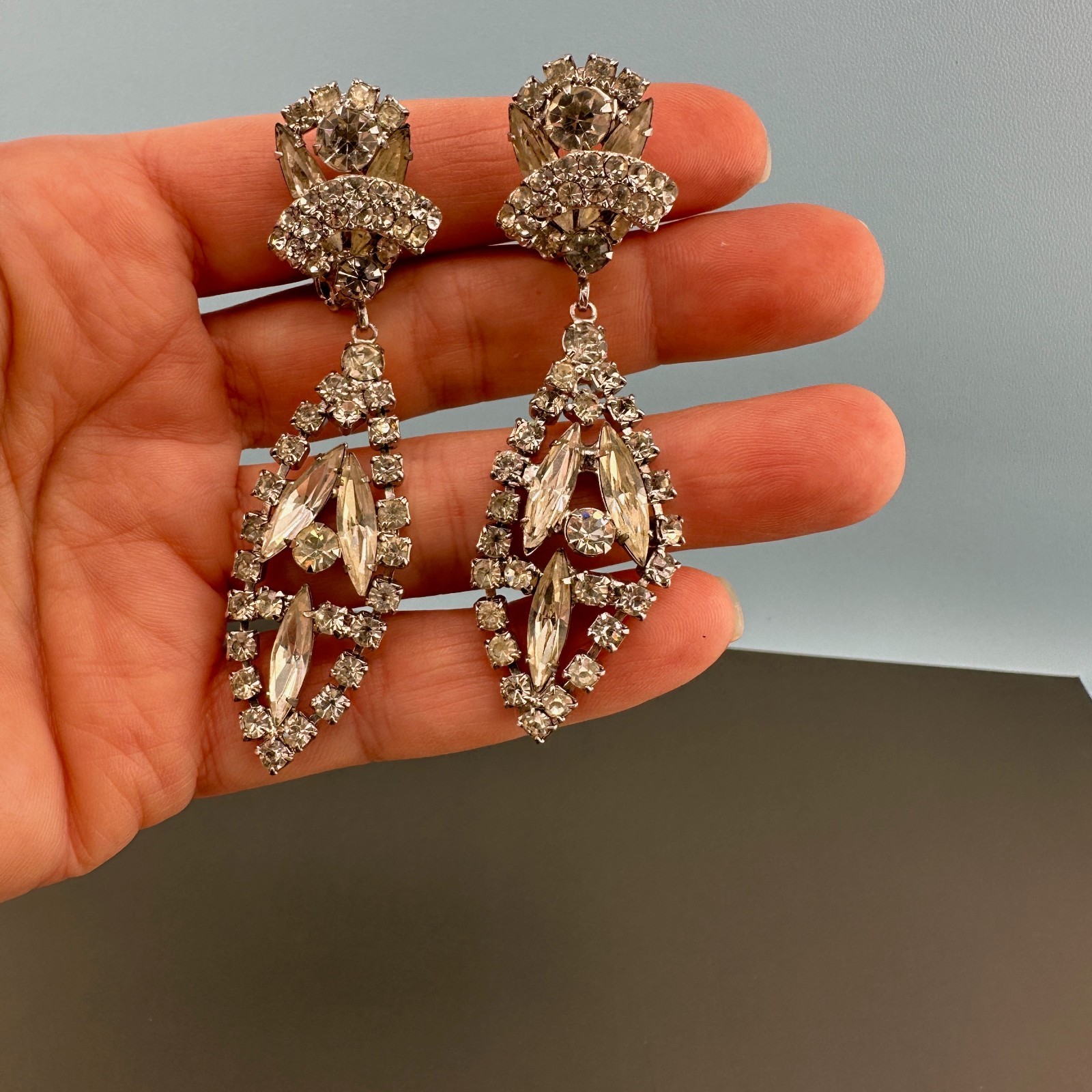 Vintage Rhinestone Earrings Chandelier Drop Clip On Statement Bridal Art Deco