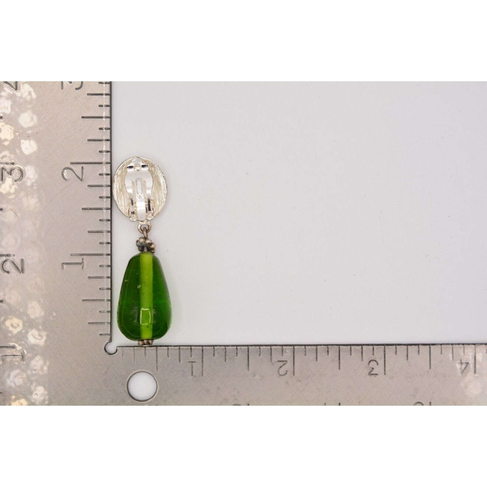 Vintage Dangle Clip On Earrings Green Glass Drop Silver Tone Chunky 1990s BinAK